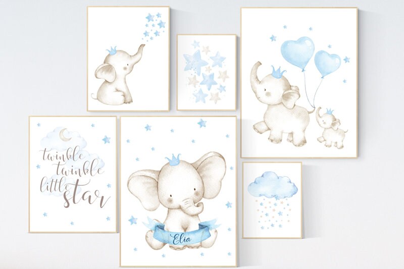 Baby room wall art, baby room decor boy, blue nursery decor, elephant nursery, boy nursery print set, set of 6, twinkle twinkle little star