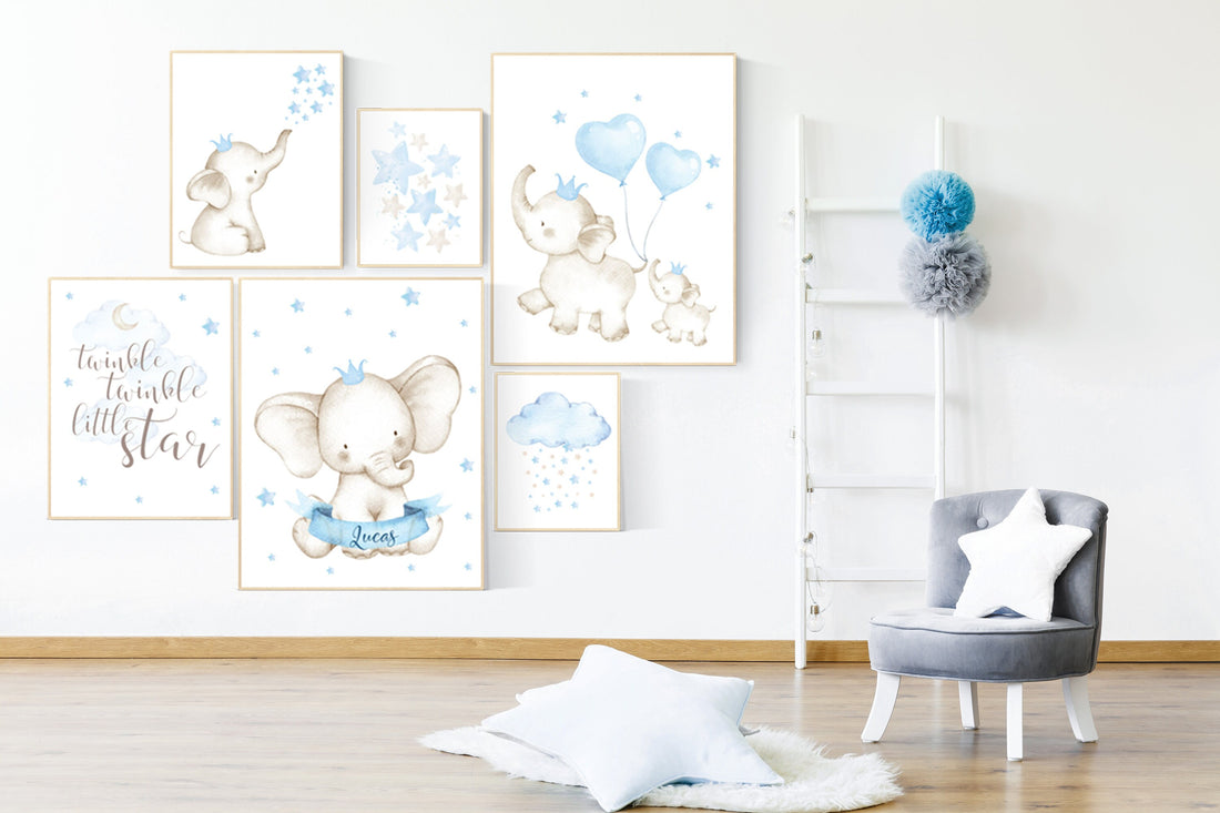 Baby room wall art, baby room decor boy, blue nursery decor, elephant nursery, boy nursery print set, set of 6, twinkle twinkle little star