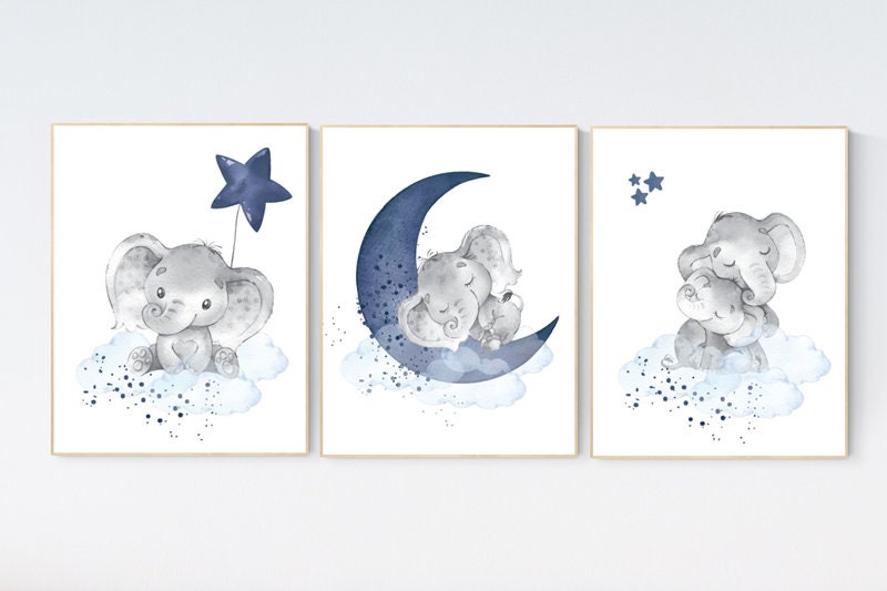 Navy nursery decor, moon and stars, navy blue nursery art. baby room wall art, boy nursery decor, set of 3, nursery prints boy, elephant art