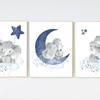 Navy nursery decor, moon and stars, navy blue nursery art. baby room wall art, boy nursery decor, set of 3, nursery prints boy, elephant art