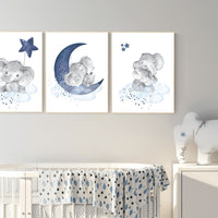 Navy nursery decor, moon and stars, navy blue nursery art. baby room wall art, boy nursery decor, set of 3, nursery prints boy, elephant art