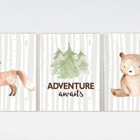 Nursery decor woodland, Woodland Nursery Wall Art, Woodland Print Set, adventure awaits, Woodland Animal Prints, gender neutral nursery