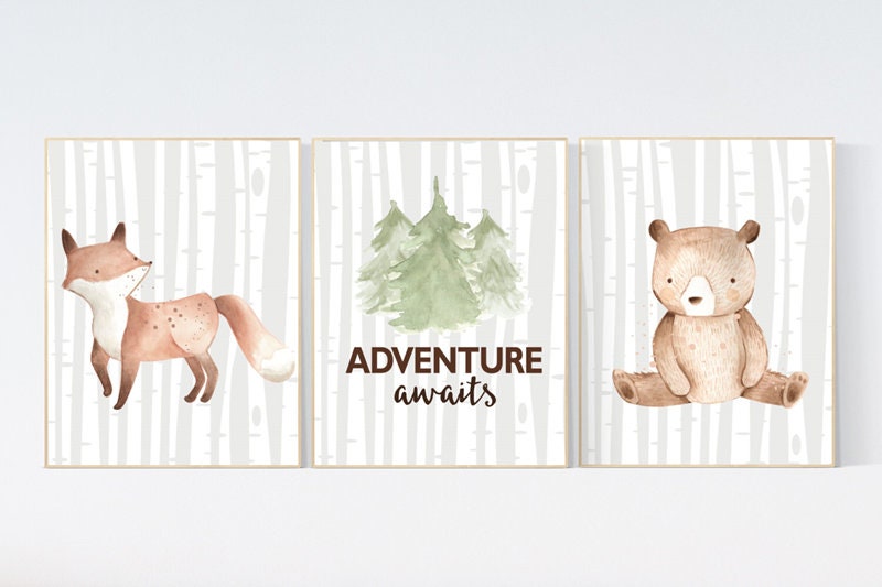 Nursery decor woodland, Woodland Nursery Wall Art, Woodland Print Set, adventure awaits, Woodland Animal Prints, gender neutral nursery