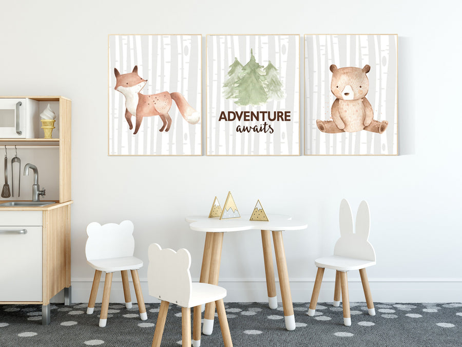 Nursery decor woodland, Woodland Nursery Wall Art, Woodland Print Set, adventure awaits, Woodland Animal Prints, gender neutral nursery