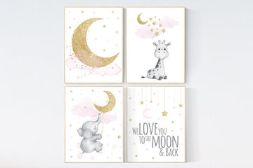 Nursery decor girl elephant, pink and gold nursery, we love you to the moon and back, giraffe nursery, moon and stars nursery wall art