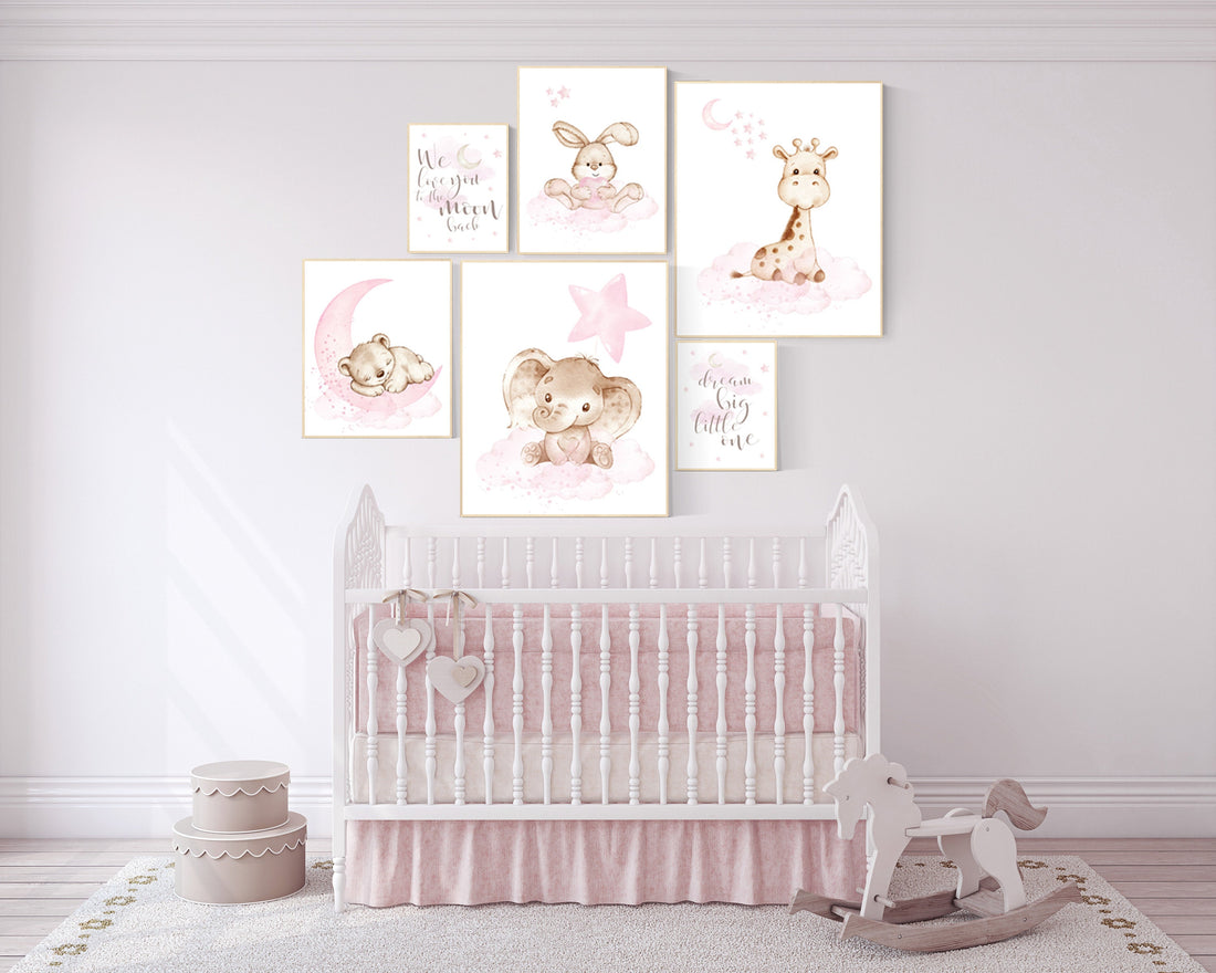 Nursery decor girl woodland, nursery prints set, Nursery decor jungle, nursery prints animal, pink nursery art, elephant giraffe bear bunny