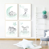 Nursery wall art mint and gray, nursery wall art animals, baby room decor mint and gray, woodland, jungle,  elephant, giraffe, bear, bunny