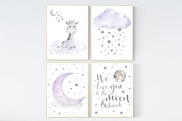 Nursery decor girl purple, nursery decor girl giraffe, purple nursery print, girl nursery, moon and stars, we love you to the moon and back