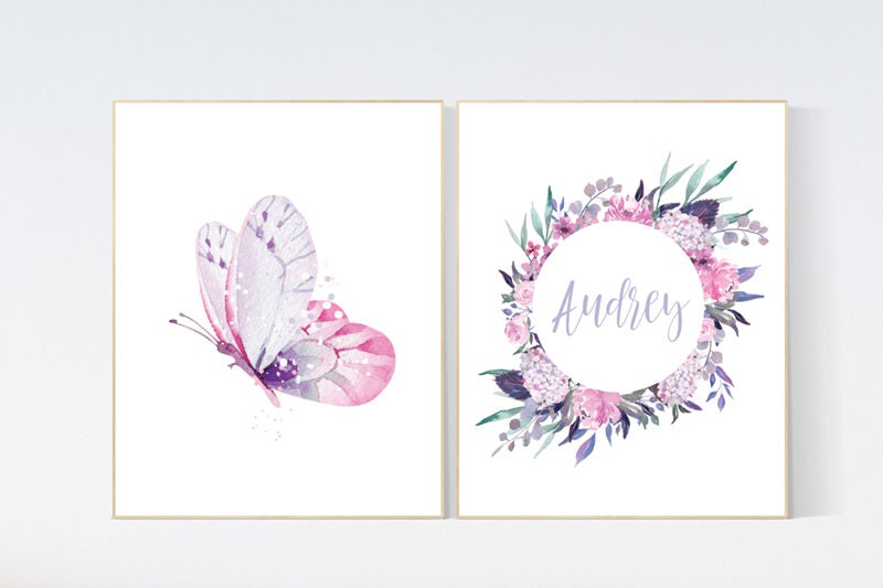 Purple pink nursery, nursery decor girl name, butterfly nursery wall art, Nursery decor girl purple and pink, lavender, lilac, girl nursery