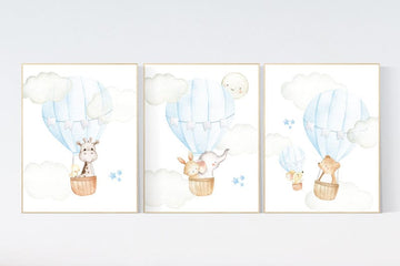 Nursery decor woodland animal, nursery decor boy, elephant, bear, giraffe, bunny, hot air balloon, nursery wall art animals, baby room art