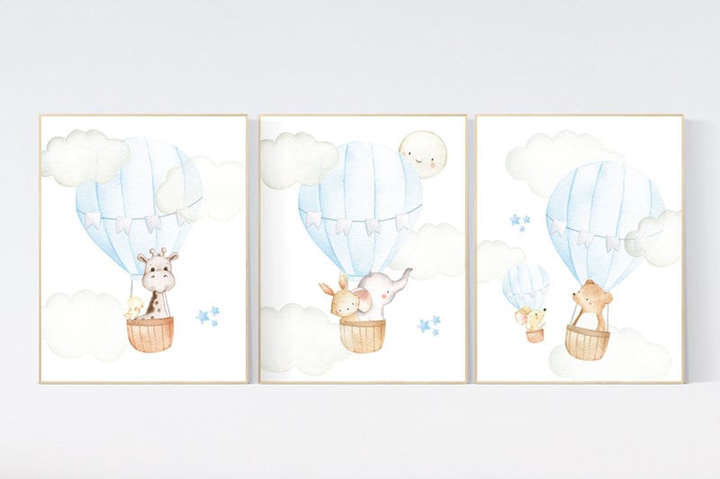 Nursery decor woodland animal, nursery decor boy, elephant, bear, giraffe, bunny, hot air balloon, nursery wall art animals, baby room art