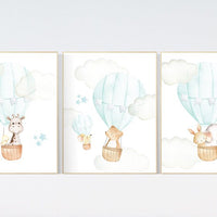 Hot air balloon nursery, nursery decor animals, nursery wall art mint and gray, elephant, giraffe, bear, bunny, woodland animals, aqua, mint