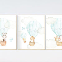 Nursery decor animals, nursery wall art mint green, Hot air balloon nursery, elephant, giraffe, bear, bunny, woodland animals, aqua, mint