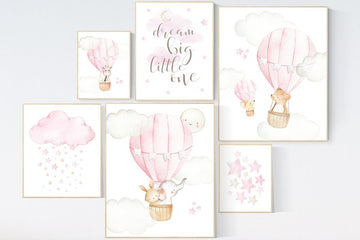 Nursery decor girl woodland, hot air balloon nursery animal, girl nursery wall decor, animal prints for nursery, nursery set for girls