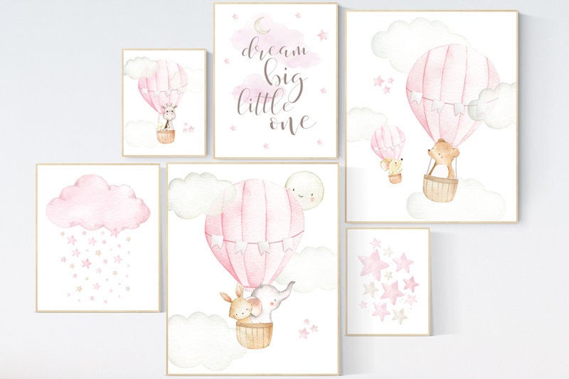 Nursery decor girl woodland, hot air balloon nursery animal, girl nursery wall decor, animal prints for nursery, nursery set for girls