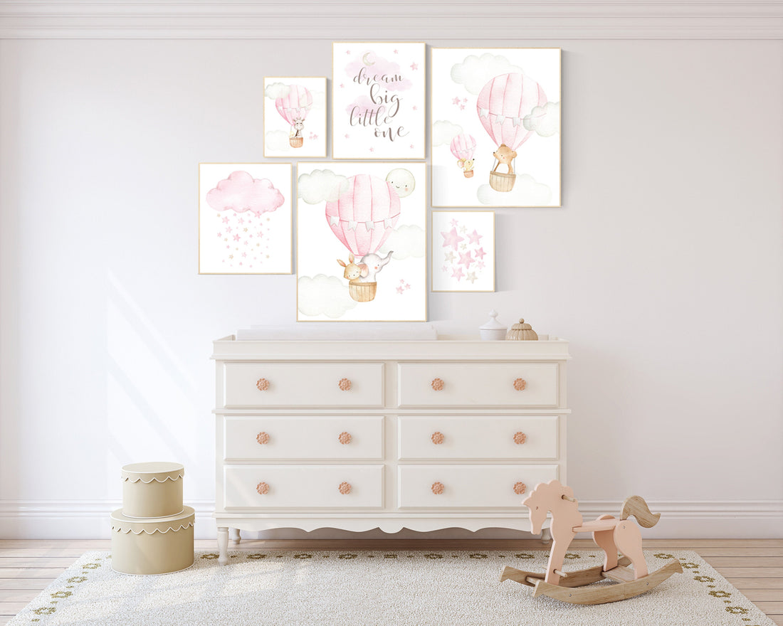 Nursery decor girl woodland, hot air balloon nursery animal, girl nursery wall decor, animal prints for nursery, nursery set for girls