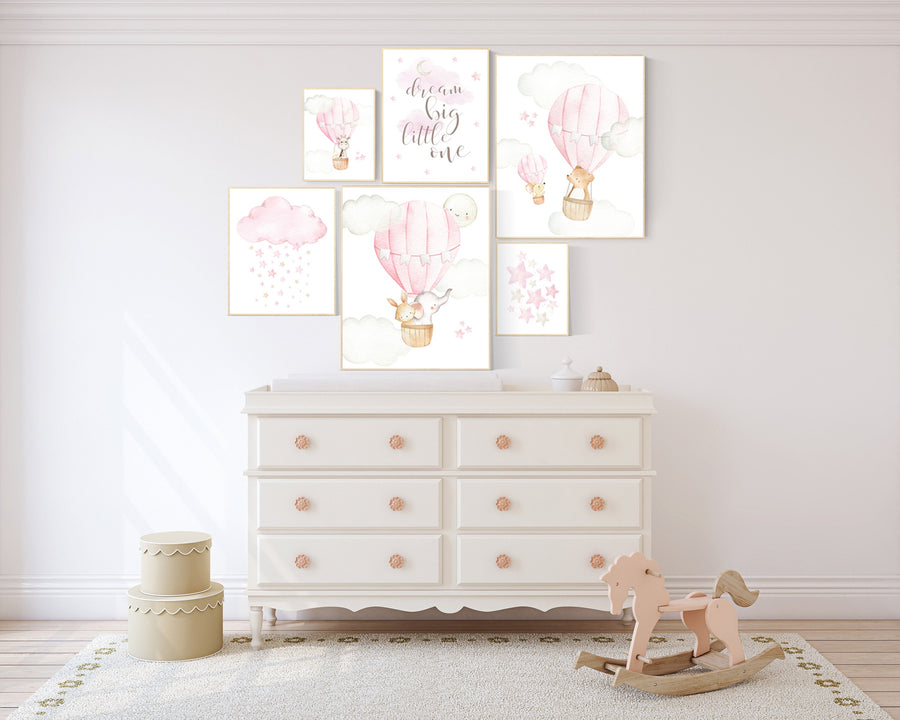 Nursery decor girl woodland, hot air balloon nursery animal, girl nursery wall decor, animal prints for nursery, nursery set for girls