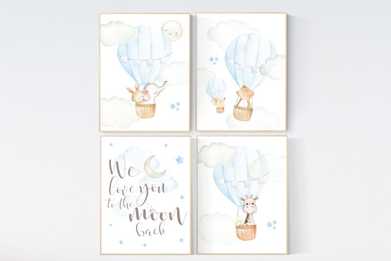 Baby boy nursery, nursery decor boy woodland animals, elephant, giraffe, bear, bunny, moon and stars, hot air balloon, nursery print set