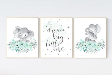 boho nursery decor, elephant nursery wall art, mint nursery wall art, nursery decor woodland, gender neutral nursery, dream big little one