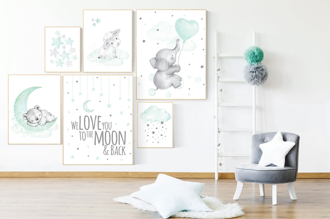 Mint nursery wall art, Nursery decor gender neutral, twin nursery, elephant, sheep, bear, we love you to the moon and back. mint green