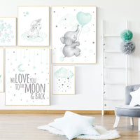Mint nursery wall art, Nursery decor gender neutral, twin nursery, elephant, sheep, bear, we love you to the moon and back. mint green