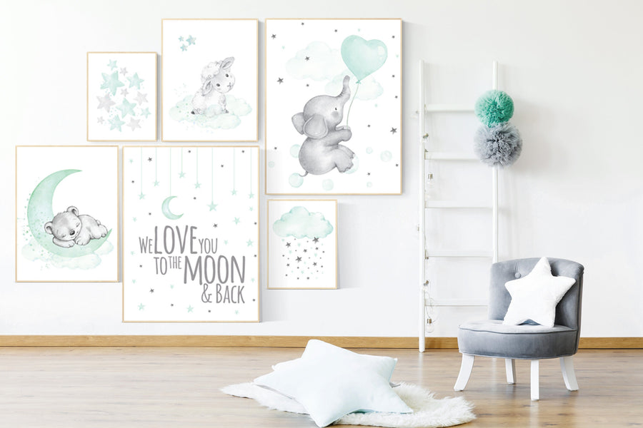 Mint nursery wall art, Nursery decor gender neutral, twin nursery, elephant, sheep, bear, we love you to the moon and back. mint green