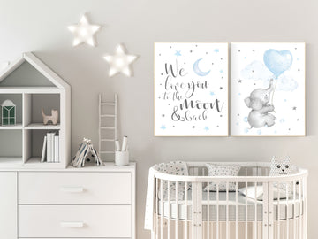 Nursery decor boy elephant, nursery wall art elephant, baby room decor boy, moon and stars, we love you to the moon and back, blue gray grey