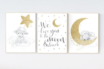 Gold nursery decor, Sheep nursery decor, nursery decor lambs, we love you to the moon and back, nursery wall art sheep, moon cloud star