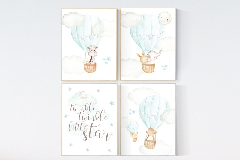 Hot air balloon nursery wall art, Nursery wall art mint and gray, nursery decor woodland, mint nursery art, nursery prints animals, aqua