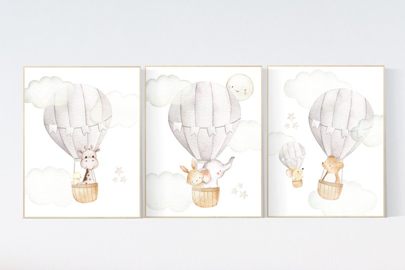 Nursery decor neutral, hot air balloon, woodland animals, gender neutral, baby room decor, elephant, bunny, giraffe, nursery prints