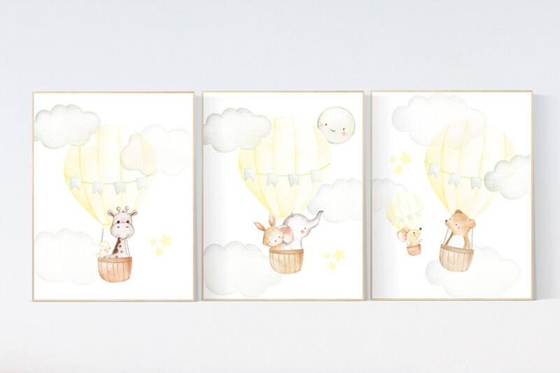 Nursery decor girl yellow, yellow nursery print, nursery wall art animals, hot air balloon nursery art, elephant, giraffe, bear, bunny print