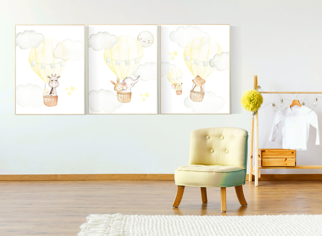 Nursery decor girl yellow, yellow nursery print, nursery wall art animals, hot air balloon nursery art, elephant, giraffe, bear, bunny print