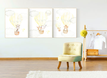 Nursery decor girl yellow, yellow nursery print, nursery wall art animals, hot air balloon nursery art, elephant, giraffe, bear, bunny print