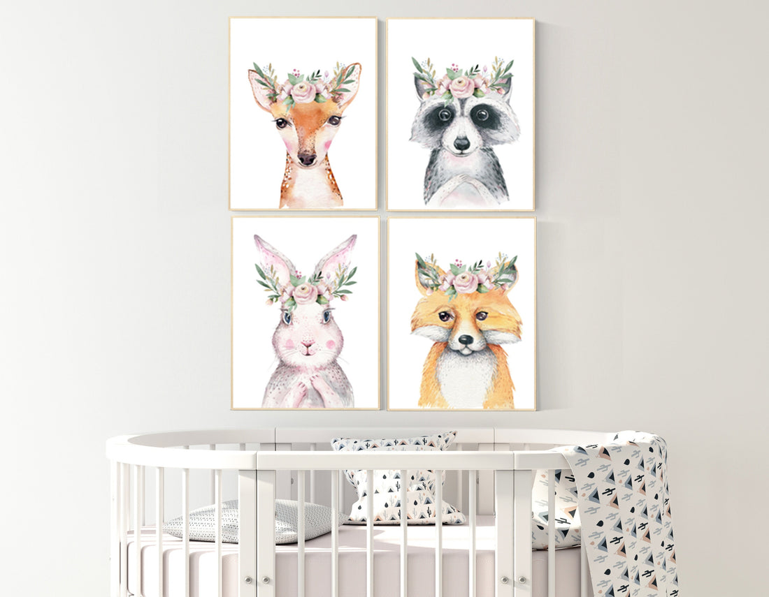 Nursery decor girl woodland, nursery decor animals, nursery decor boy woodland, baby room decor animals, nursery decor girl flower