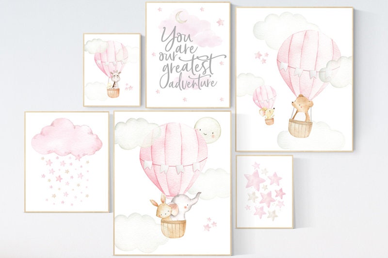Nursery decor girl, you are our greatest adventure hot air balloon, girl nursery wall art, nursery decor woodland animals, star, moon