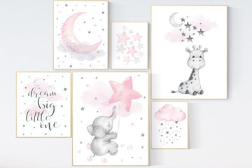 Nursery wall art girl, giraffe nursery, baby room decor girl pink gray, we love you to the moon and back, moon and stars, elephant