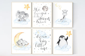 Nursery wall art elephant, nursery decor hot air balloons, cloud nursery decor, Nursery decor neutral, moon and stars nursery gender neutral