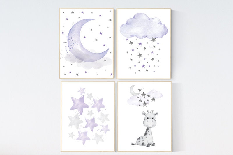 Nursery decor girl purple, nursery decor girl giraffe, purple nursery print, girl nursery, moon and stars, baby girl nursery decor, lilac