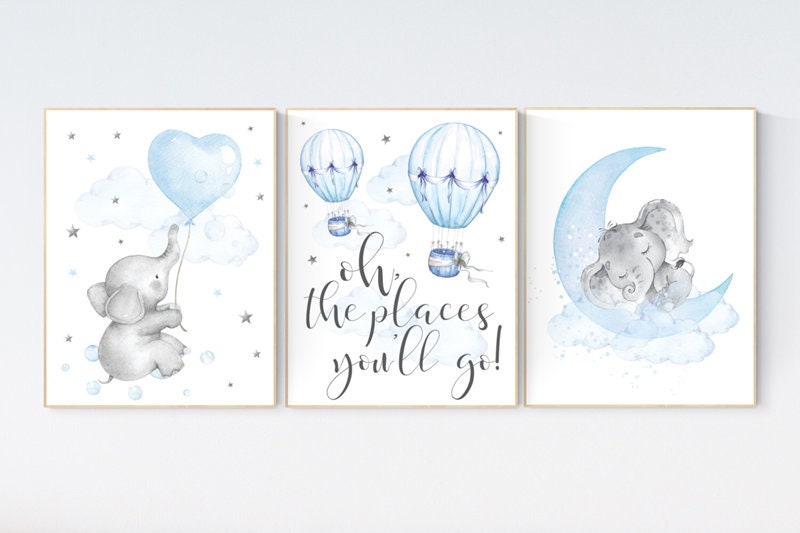 Nursery decor elephant, Nursery decor boy hot air balloon, oh the places you&