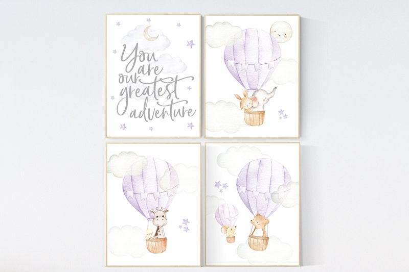 Purple nursery, lilac nursery, hot air balloon nursery, you are our greatest adventure, animal nursery, girl nursery wall, lavender nursery