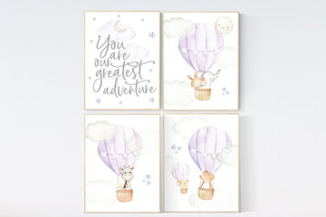 Purple nursery, lilac nursery, hot air balloon nursery, you are our greatest adventure, animal nursery, girl nursery wall, lavender nursery