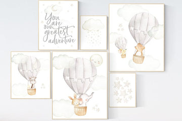 Nursery decor neutral, you are our greatest adventure hot air balloon, gender neutral, elephant, giraffe, bear, bunny, beige grey gray