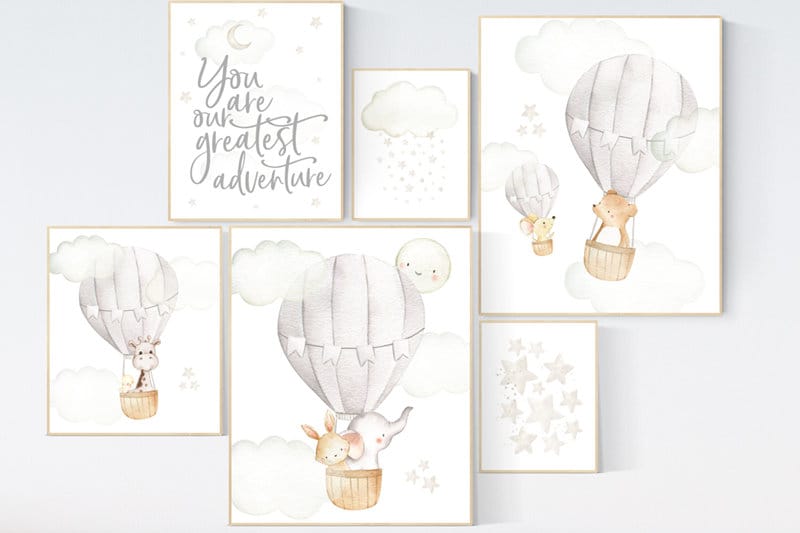 Nursery decor neutral, you are our greatest adventure hot air balloon, gender neutral, elephant, giraffe, bear, bunny, beige grey gray