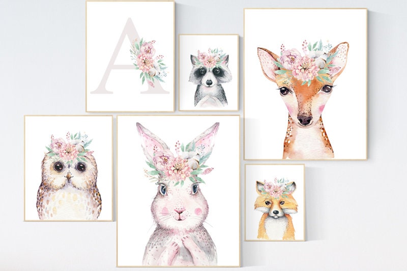 Nursery decor animals, woodland nursery decor girl, animal prints for nursery girl, bunny print for girls nursery, Woodland Nursery Art