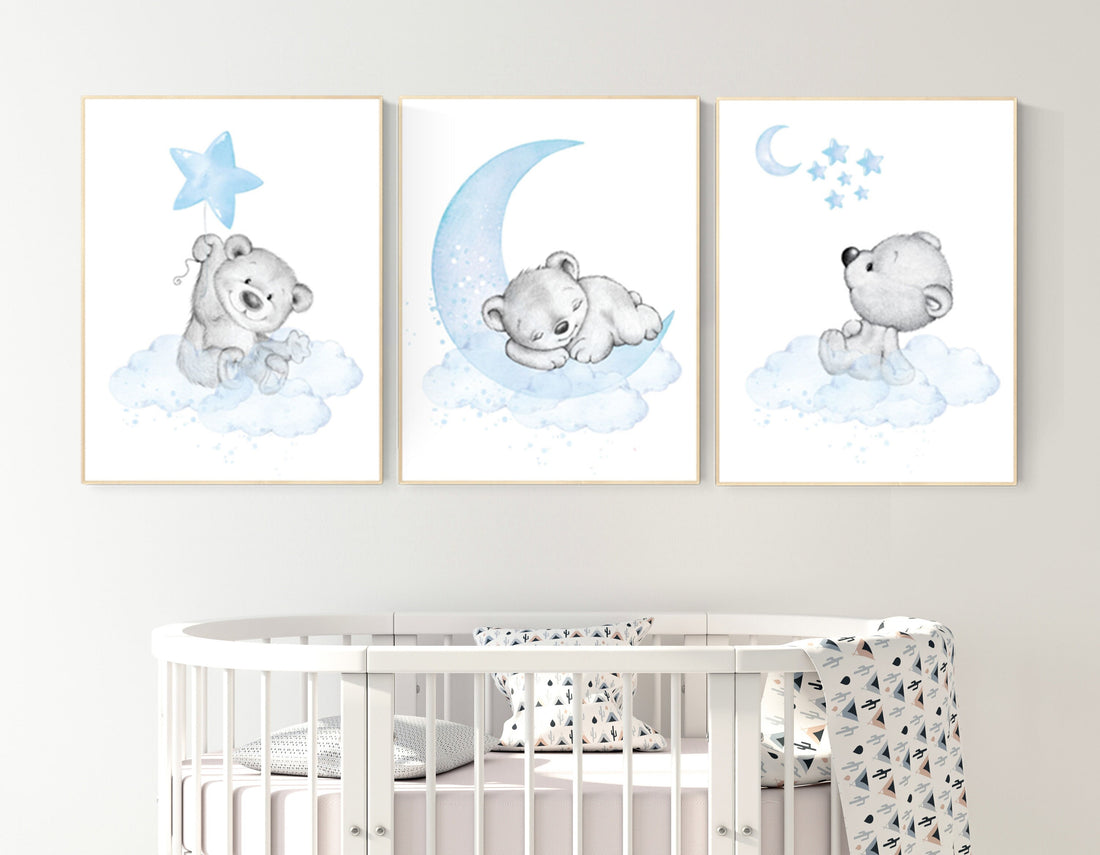 Nursery decor bear, nursery decor boy, bear nursery print, teddy bear decor, nursery wall art animals, boy nursery wall decor, blue nursery
