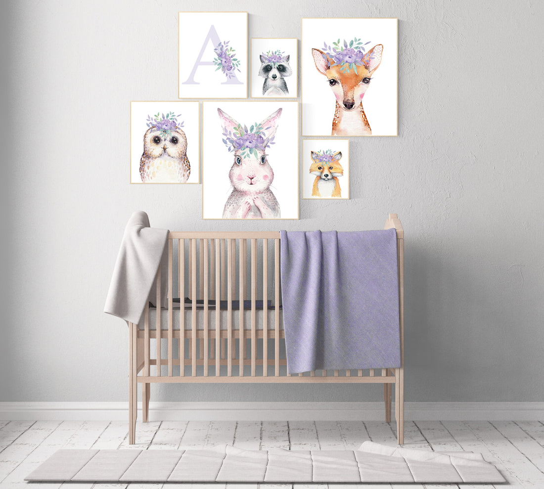 Woodland animals nursery, lilac nursery, woodland nursery decor girl, animal prints for nursery girl, bunny print for girls nursery woodland