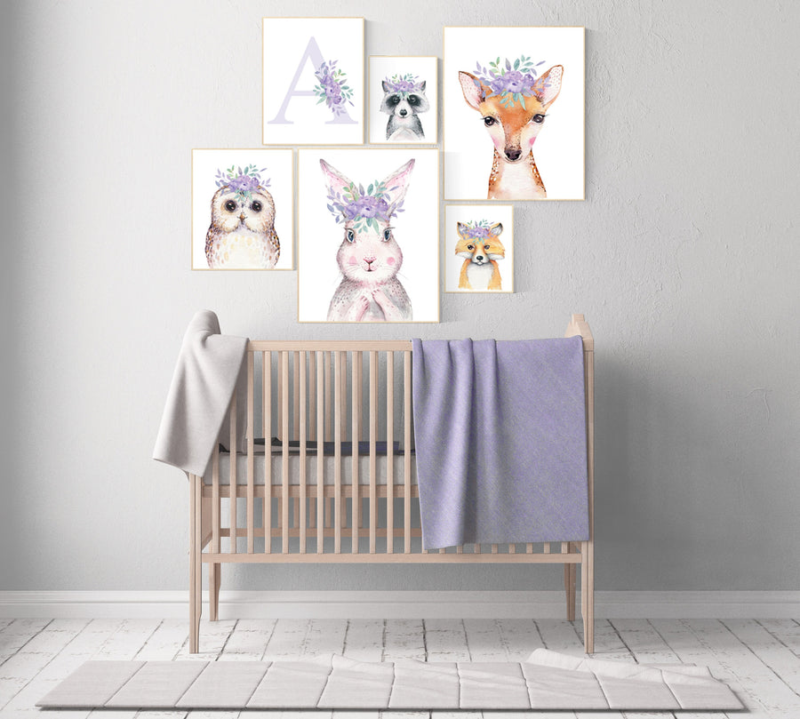 Woodland animals nursery, lilac nursery, woodland nursery decor girl, animal prints for nursery girl, bunny print for girls nursery woodland