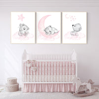 Nursery decor bear, bear nursery print,  teddy bear, pink grey nursery, nursery wall art animals, girl room decor, baby girl nursery decor