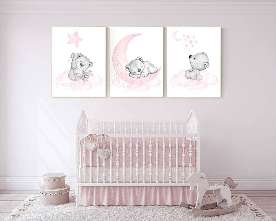 Nursery decor bear, bear nursery print,  teddy bear, pink grey nursery, nursery wall art animals, girl room decor, baby girl nursery decor