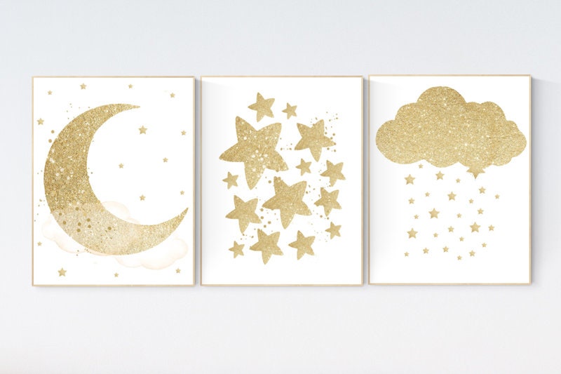 Nursery wall art, gold nursery, nursery decor neutral, baby room decor gender neutral, moon and stars, baby room art, gold baby room